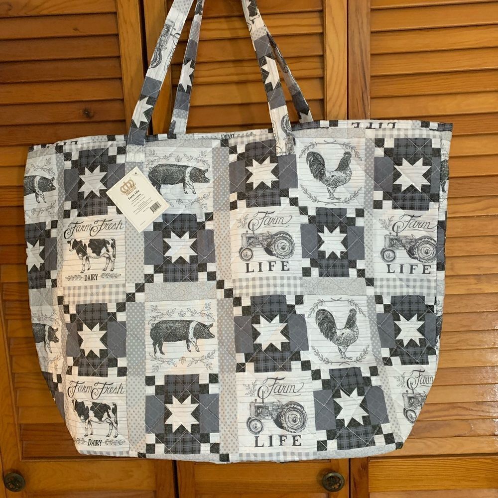 New Farmhouse Animals Patchwork Oversized Quilted Tote Bag Farm Life Cow Tractor